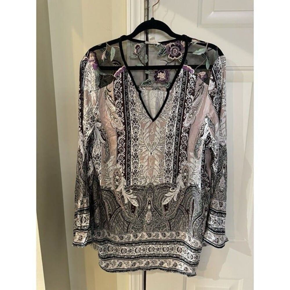 Tribal Bell‎ Sleeve Blouse with Combo Yoke, Women's Size Large Petal Pink